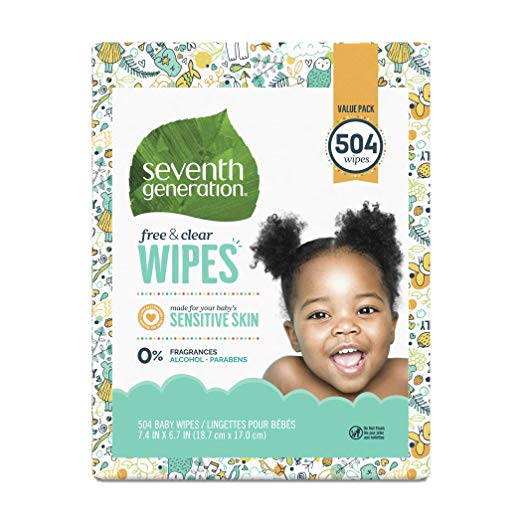 Seventh Generation Baby Wipes, Free & Clear Unscented and Sensitive, Gentle as Water, with Flip Top Dispenser, 504 count